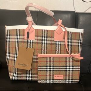Pink Beige Checked Tote with Pink Trim